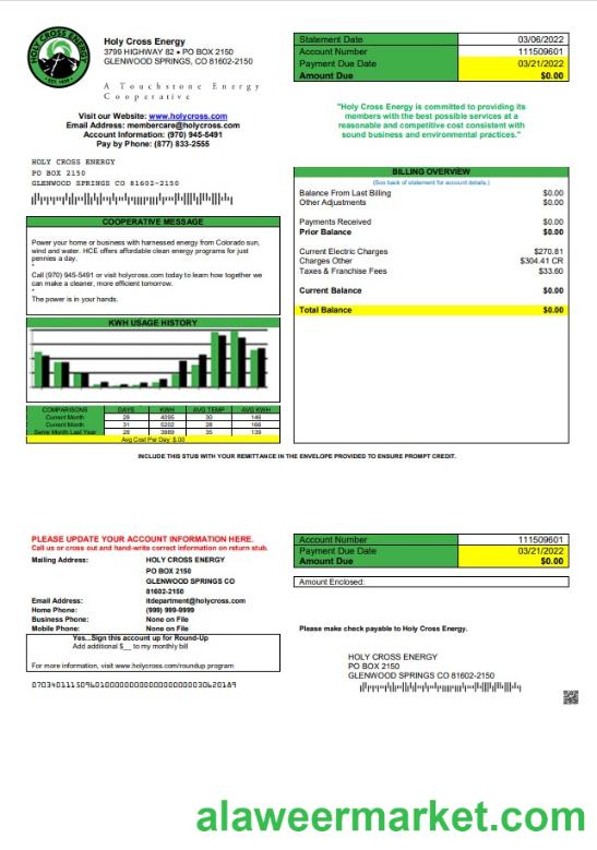 USA Colorado Holy Cross Energy utility bill template in Word and PDF format